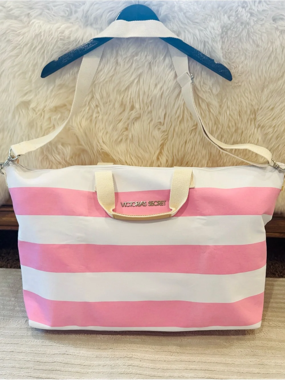 Y2K Vintage Victoria's Secret Pink and White Striped Tote Bag